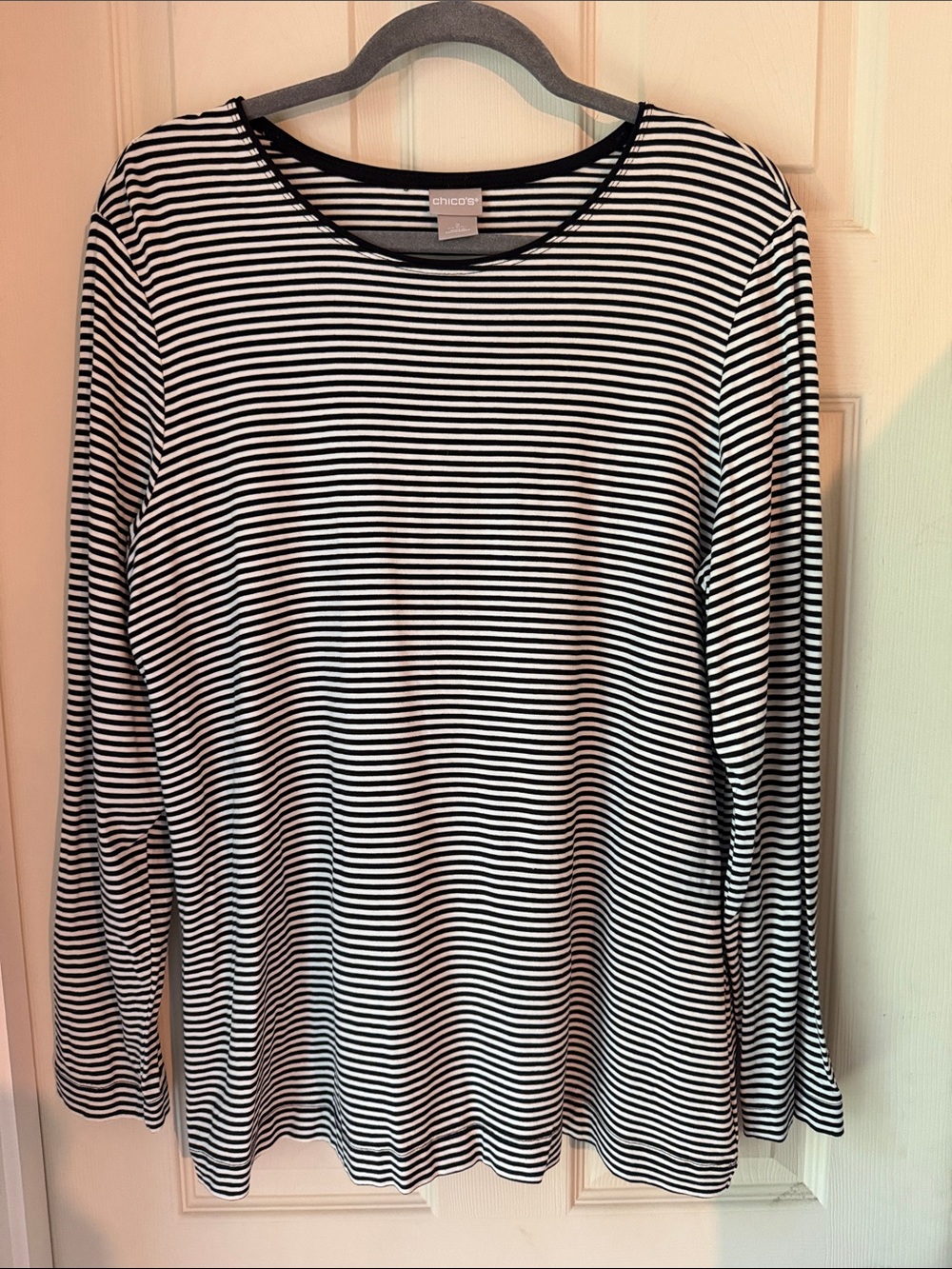 Chico's Black & White Striped Long Sleeve Crew Top
